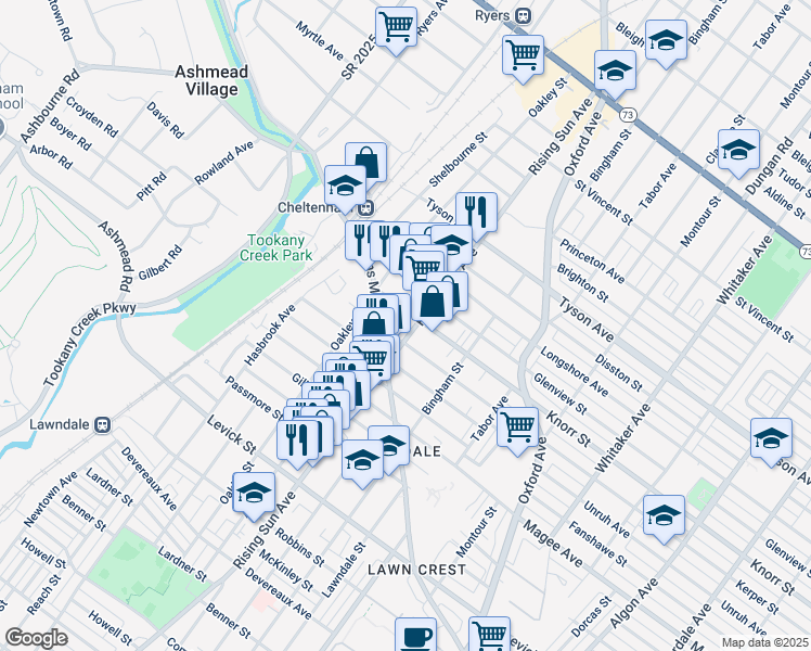 map of restaurants, bars, coffee shops, grocery stores, and more near 6730 Rising Sun Avenue in Philadelphia