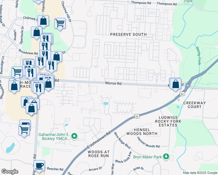 map of restaurants, bars, coffee shops, grocery stores, and more near 5201 Morse Road in Gahanna