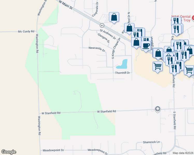 map of restaurants, bars, coffee shops, grocery stores, and more near 2521 Foxchase Court West in Troy