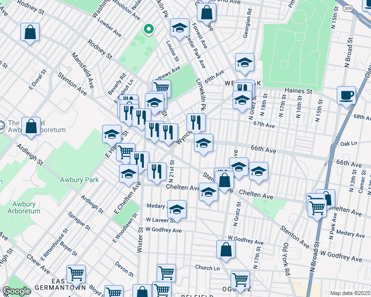 map of restaurants, bars, coffee shops, grocery stores, and more near 6551 North Lambert Street in Philadelphia