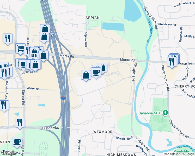 map of restaurants, bars, coffee shops, grocery stores, and more near 3 Limited Parkway in Columbus