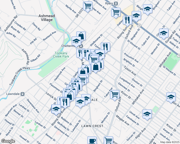 map of restaurants, bars, coffee shops, grocery stores, and more near 6730 Rising Sun Avenue in Philadelphia