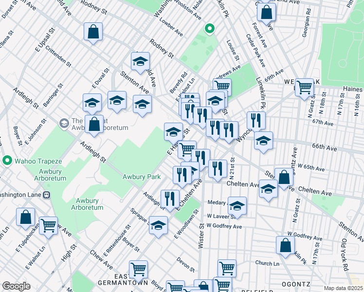 map of restaurants, bars, coffee shops, grocery stores, and more near 1319 Narragansett Street in Philadelphia