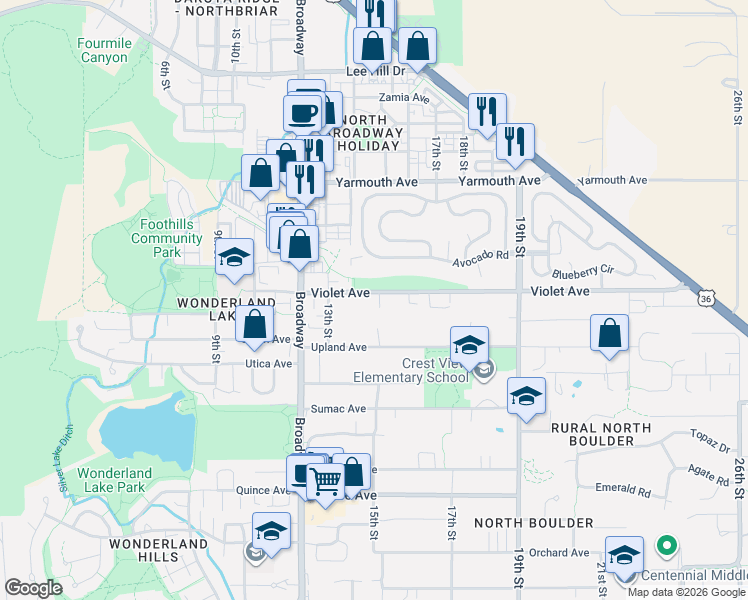 map of restaurants, bars, coffee shops, grocery stores, and more near 1480 Violet Avenue in Boulder