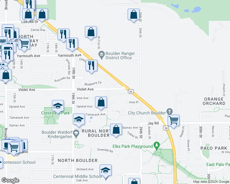 map of restaurants, bars, coffee shops, grocery stores, and more near 2277 Vineyard Place in Boulder