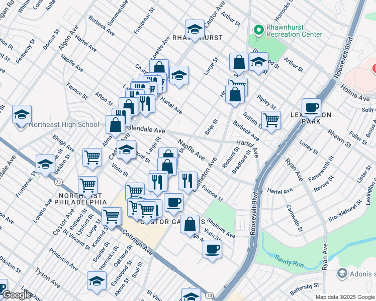 map of restaurants, bars, coffee shops, grocery stores, and more near 2218 Napfle St in Philadelphia