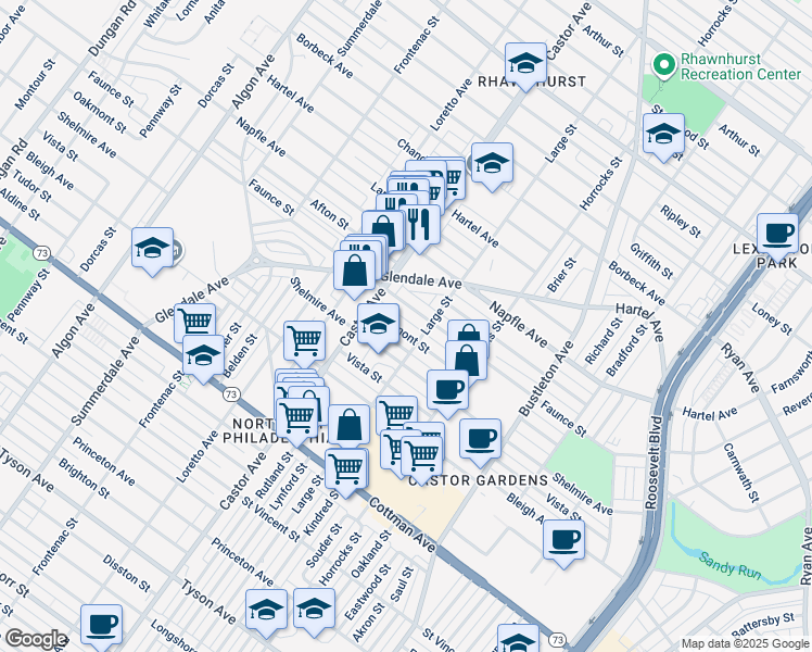 map of restaurants, bars, coffee shops, grocery stores, and more near 2031 Oakmont Street in Philadelphia