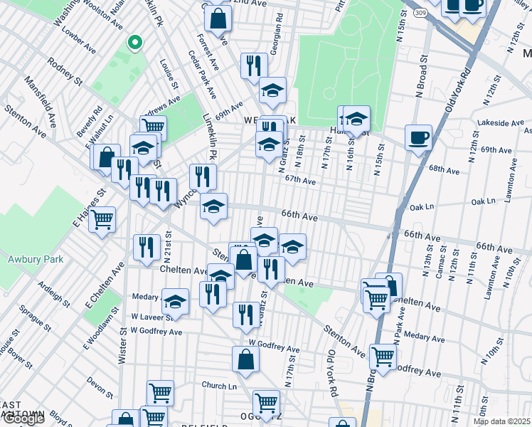 map of restaurants, bars, coffee shops, grocery stores, and more near 6547 Ogontz Avenue in Philadelphia