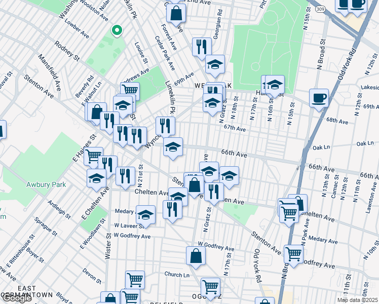 map of restaurants, bars, coffee shops, grocery stores, and more near 6555 North 20th Street in Philadelphia