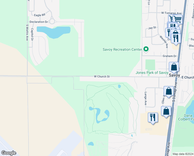 map of restaurants, bars, coffee shops, grocery stores, and more near 809 West Old Church Street in Savoy
