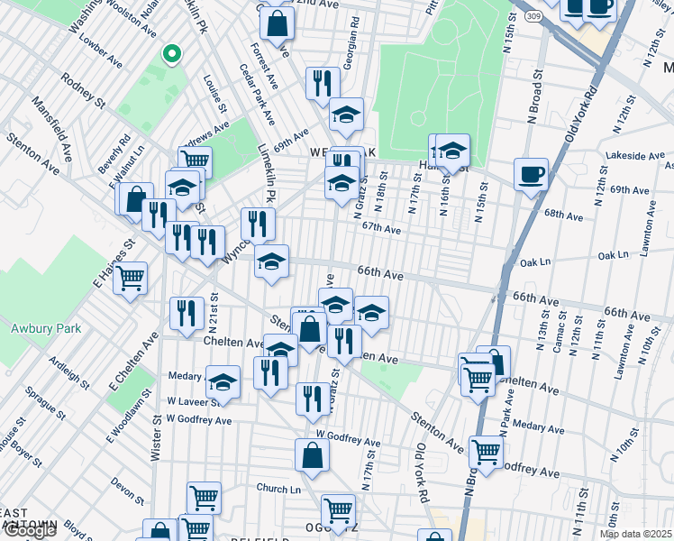 map of restaurants, bars, coffee shops, grocery stores, and more near 6547 Ogontz Avenue in Philadelphia