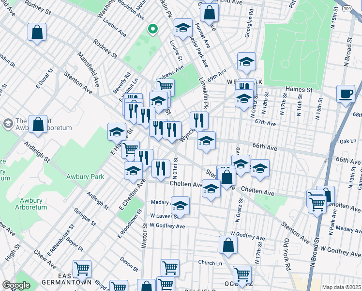 map of restaurants, bars, coffee shops, grocery stores, and more near 6557 Wyncote Avenue in Philadelphia