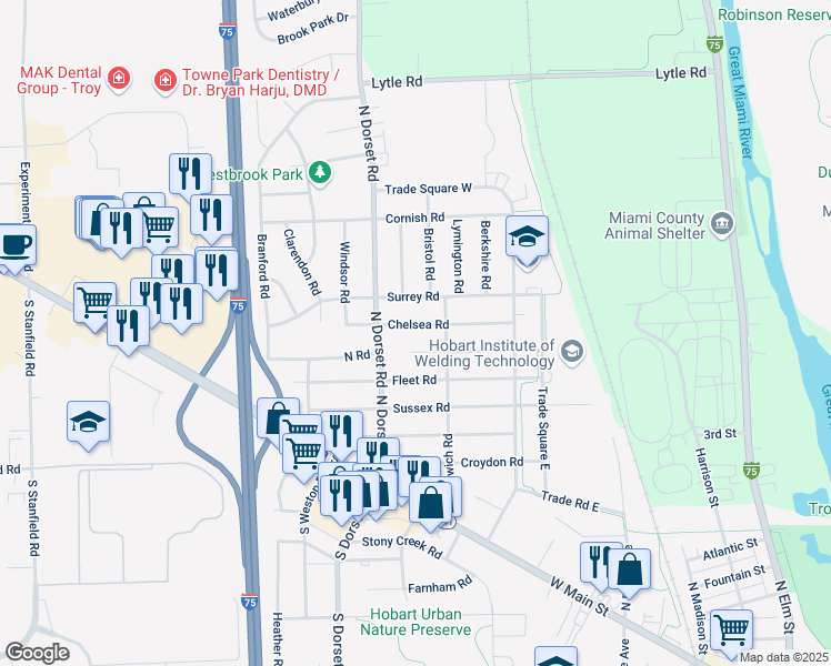map of restaurants, bars, coffee shops, grocery stores, and more near 1424 Chelsea Road in Troy