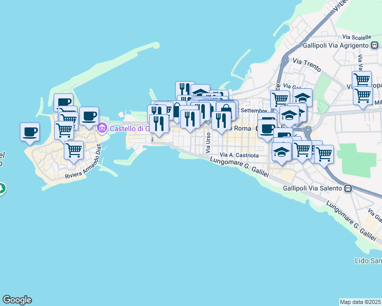 map of restaurants, bars, coffee shops, grocery stores, and more near 7 Via Ampalea in Gallipoli