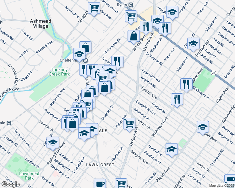 map of restaurants, bars, coffee shops, grocery stores, and more near 543 Glenview Street in Philadelphia