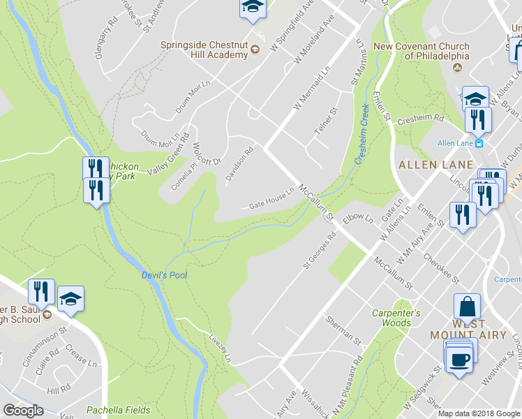 map of restaurants, bars, coffee shops, grocery stores, and more near 640 Gate House Lane in Philadelphia