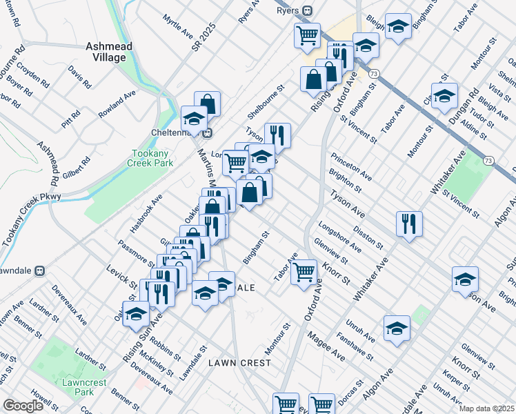 map of restaurants, bars, coffee shops, grocery stores, and more near 521 Knorr Street in Philadelphia