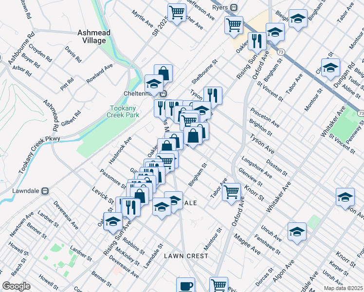 map of restaurants, bars, coffee shops, grocery stores, and more near 6732 Rising Sun Avenue in Philadelphia