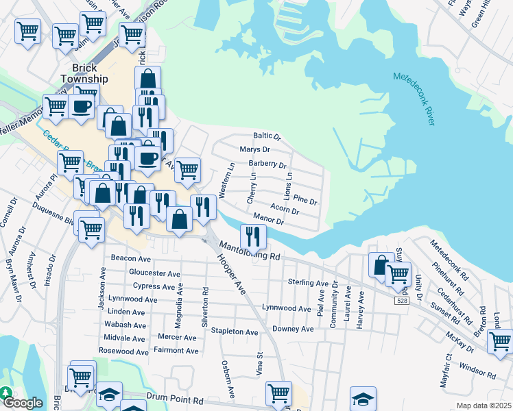 map of restaurants, bars, coffee shops, grocery stores, and more near 705 Cherry Lane in Brick Township
