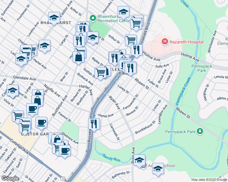 map of restaurants, bars, coffee shops, grocery stores, and more near 7801 Roosevelt Boulevard in Philadelphia