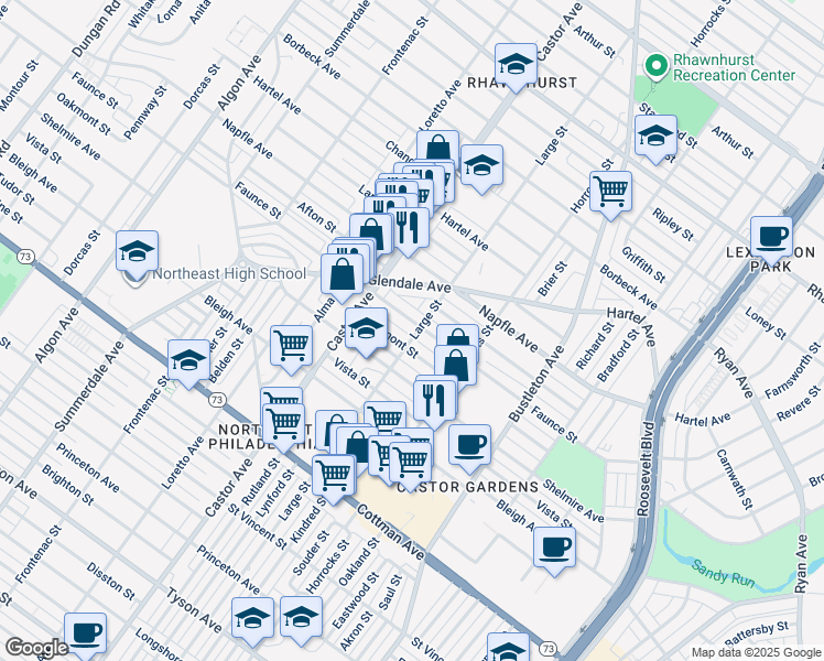 map of restaurants, bars, coffee shops, grocery stores, and more near 2101 Faunce Street in Philadelphia