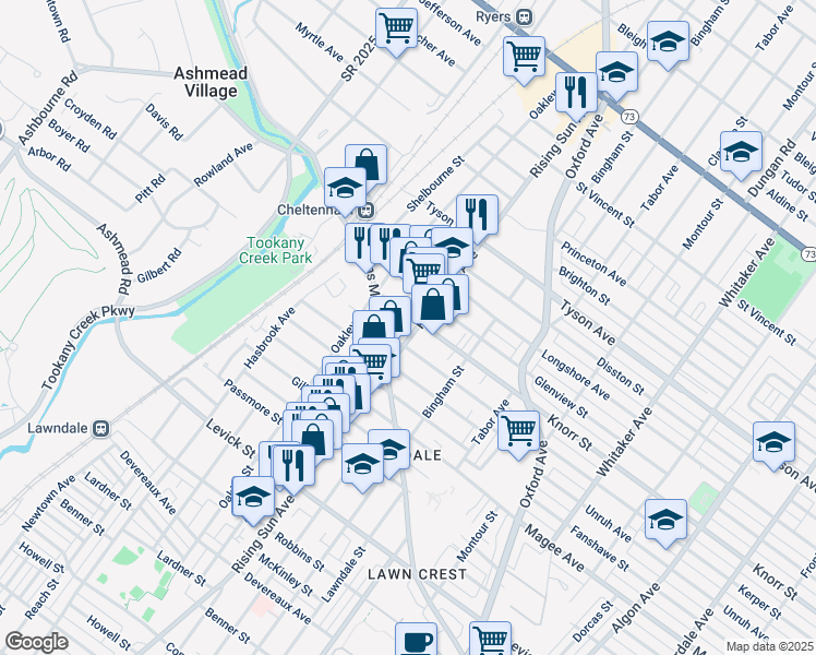 map of restaurants, bars, coffee shops, grocery stores, and more near 6732 Rising Sun Avenue in Philadelphia