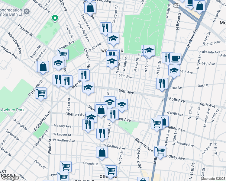 map of restaurants, bars, coffee shops, grocery stores, and more near 6551 North Gratz Street in Philadelphia