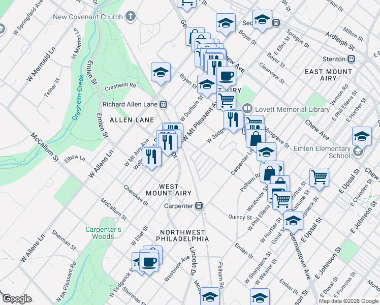 map of restaurants, bars, coffee shops, grocery stores, and more near 7000 Cresheim Road in Philadelphia