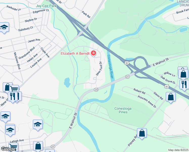 map of restaurants, bars, coffee shops, grocery stores, and more near 29 Deer Ford Drive in Lancaster