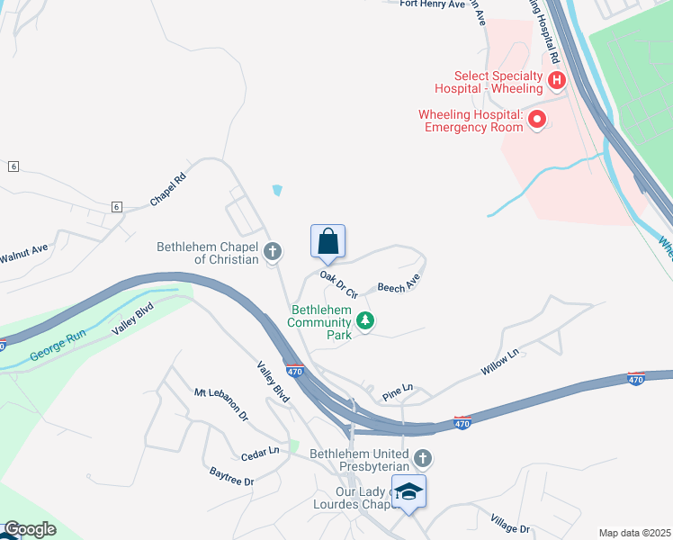 map of restaurants, bars, coffee shops, grocery stores, and more near 11 Oak Drive Circle in Wheeling