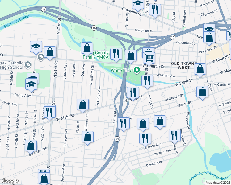 map of restaurants, bars, coffee shops, grocery stores, and more near 47 North Pine Street in Newark
