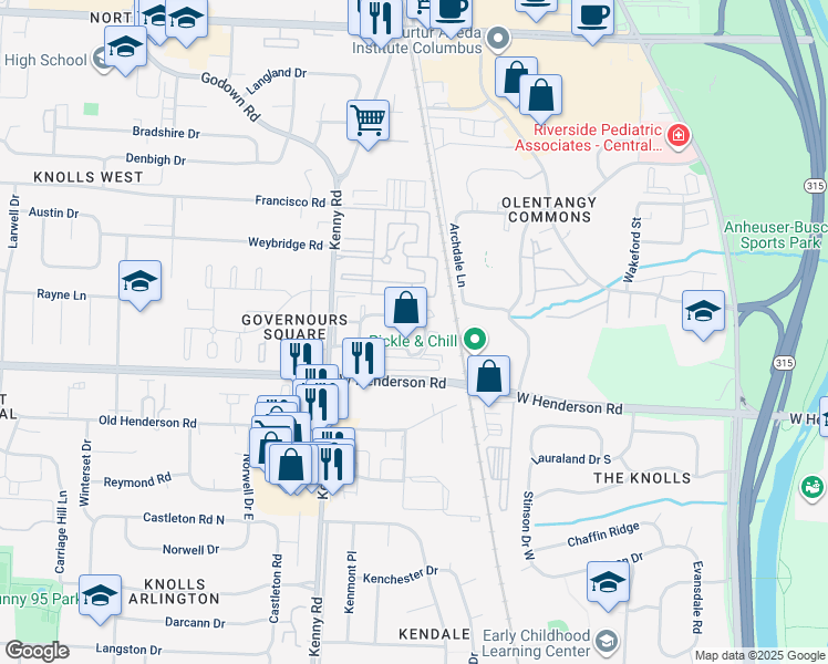 map of restaurants, bars, coffee shops, grocery stores, and more near 4655 Merrimar Circle East in Columbus