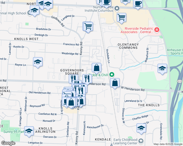 map of restaurants, bars, coffee shops, grocery stores, and more near 1075 Merrimar Circle North in Columbus