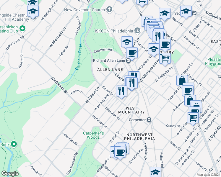 map of restaurants, bars, coffee shops, grocery stores, and more near 353 West Mount Airy Avenue in Philadelphia