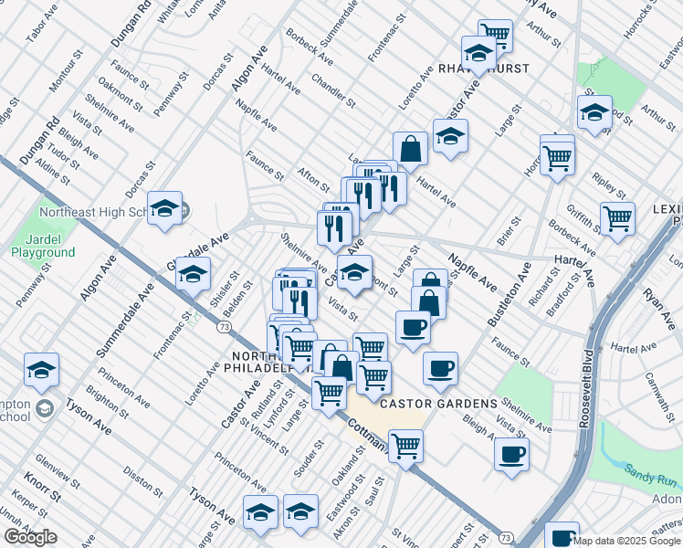 map of restaurants, bars, coffee shops, grocery stores, and more near 2001 Shelmire Avenue in Philadelphia