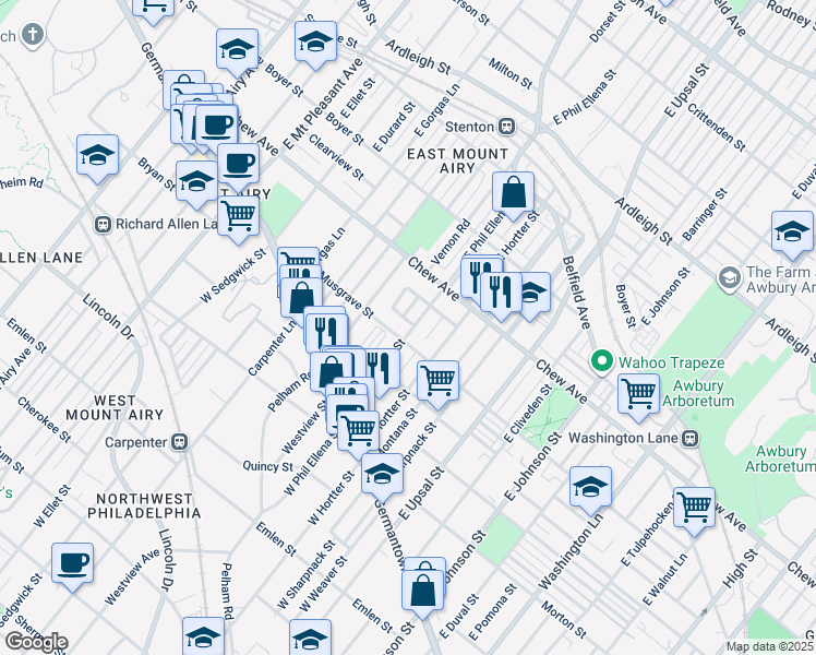map of restaurants, bars, coffee shops, grocery stores, and more near 213 East Phil Ellena Street in Philadelphia