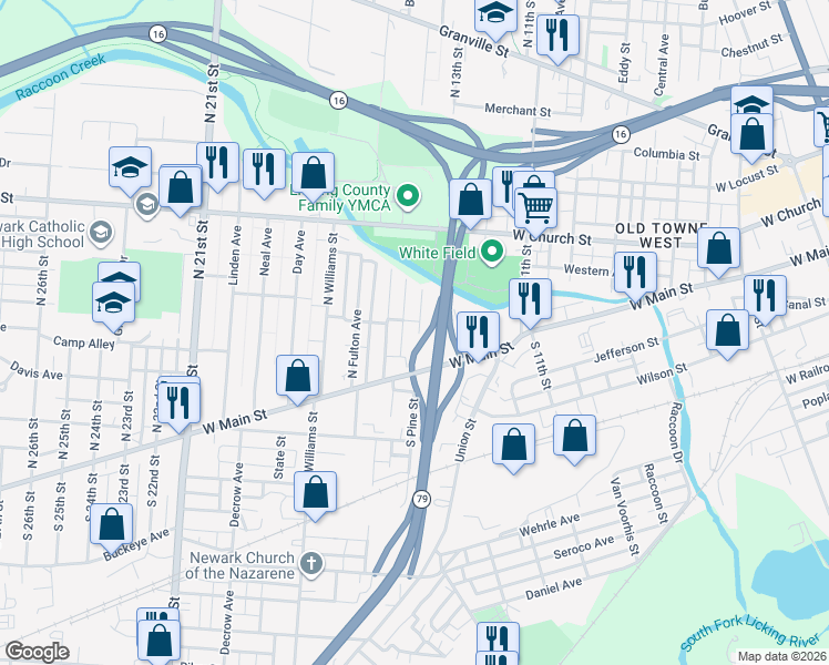 map of restaurants, bars, coffee shops, grocery stores, and more near 47 North Pine Street in Newark