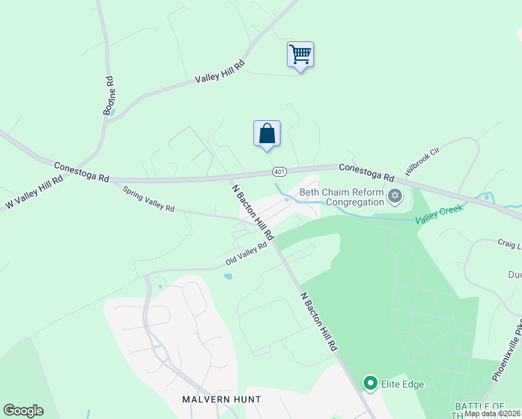 map of restaurants, bars, coffee shops, grocery stores, and more near 8 Dillan Drive in Malvern