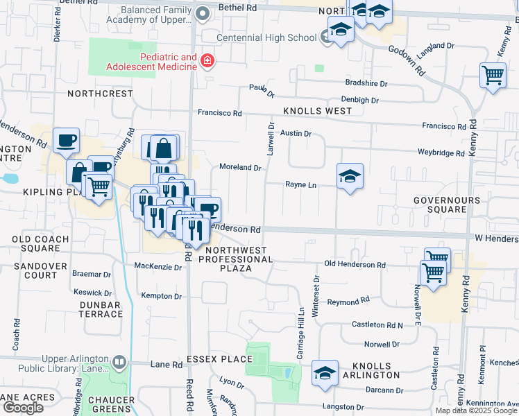 map of restaurants, bars, coffee shops, grocery stores, and more near 4751 Larwell Drive in Columbus