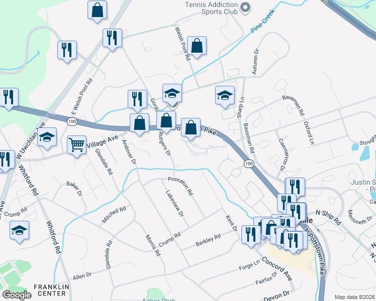 map of restaurants, bars, coffee shops, grocery stores, and more near 301 Worthington Drive in Exton
