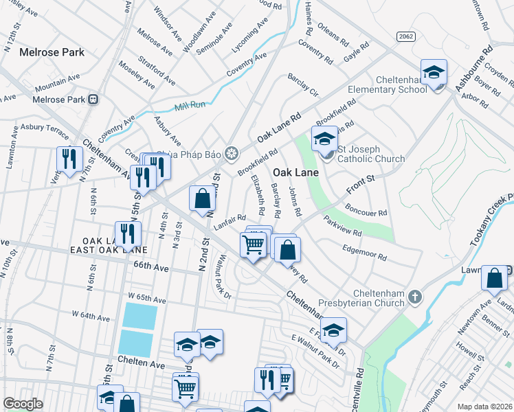 map of restaurants, bars, coffee shops, grocery stores, and more near 7423 Elizabeth Road in Elkins Park