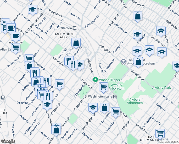 map of restaurants, bars, coffee shops, grocery stores, and more near 395 1/2 East Cliveden Street in Philadelphia