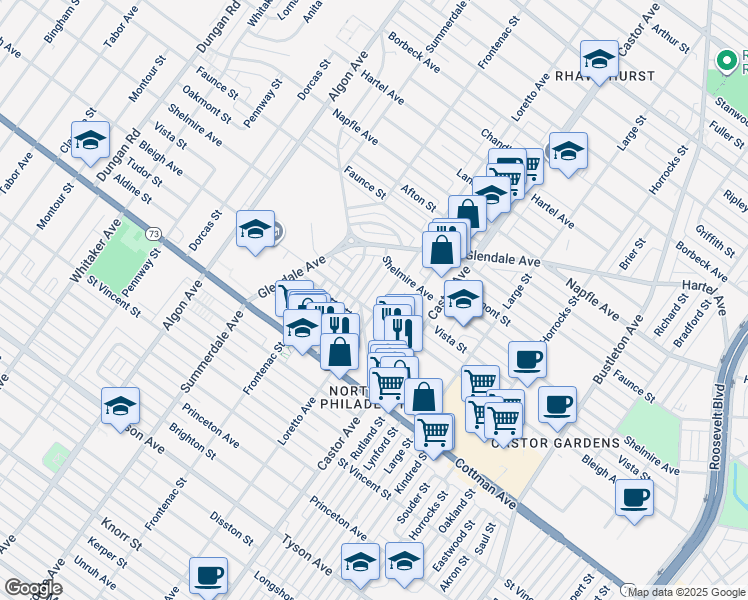 map of restaurants, bars, coffee shops, grocery stores, and more near 7406 Loretto Avenue in Philadelphia