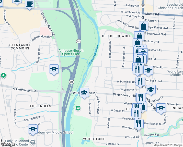 map of restaurants, bars, coffee shops, grocery stores, and more near 4586 Starret Road in Columbus