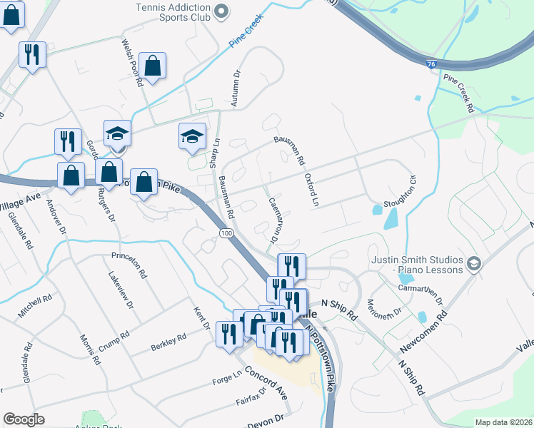 map of restaurants, bars, coffee shops, grocery stores, and more near 141 Caernarvon Court in Exton