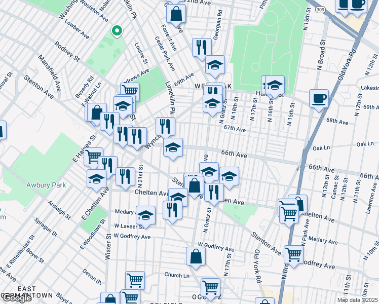 map of restaurants, bars, coffee shops, grocery stores, and more near 6557 North 20th Street in Philadelphia
