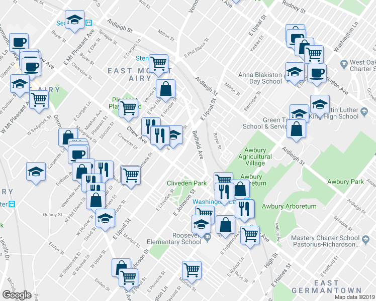 map of restaurants, bars, coffee shops, grocery stores, and more near 390 East Upsal Street in Philadelphia