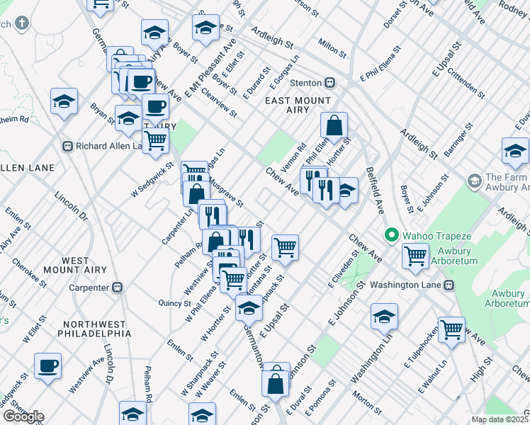 map of restaurants, bars, coffee shops, grocery stores, and more near 213 East Phil Ellena Street in Philadelphia