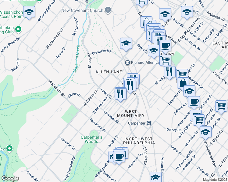 map of restaurants, bars, coffee shops, grocery stores, and more near 354 West Mount Airy Avenue in Philadelphia