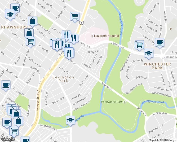 map of restaurants, bars, coffee shops, grocery stores, and more near 2811 Rhawn St in Philadelphia